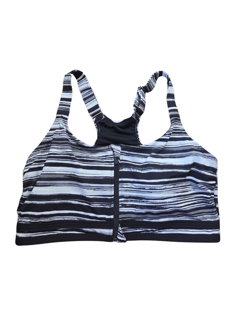 Lands' End Zip Front Bikini Swimsuit Top Womens 14 Large Black White Adjustable